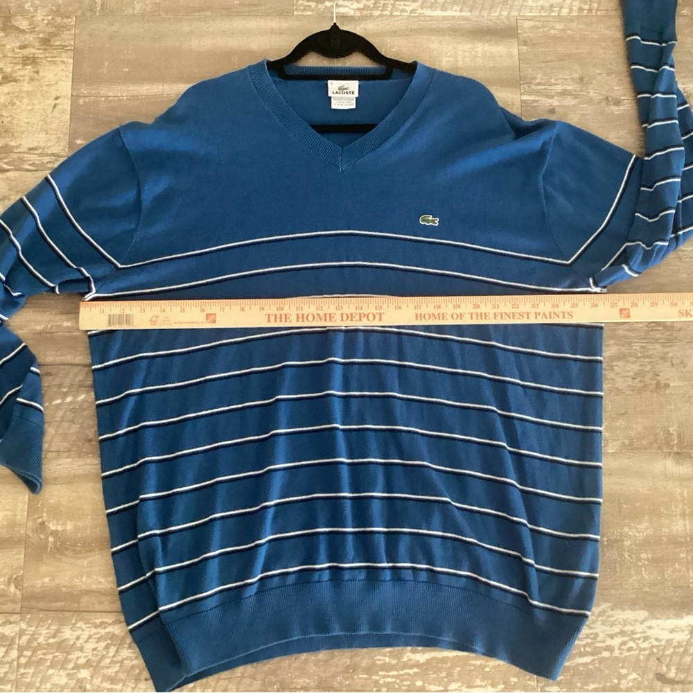 LACOSTE Knit Sweater Blue V-Neck Striped Alligator Logo Men's 4XL (Size 9) - Picture 4 of 6